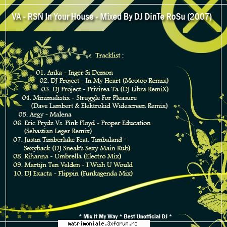 va - rsn in your house - mixed by dj dinte rosu (2007)

* mix it my way * best unofficial dj :

01.